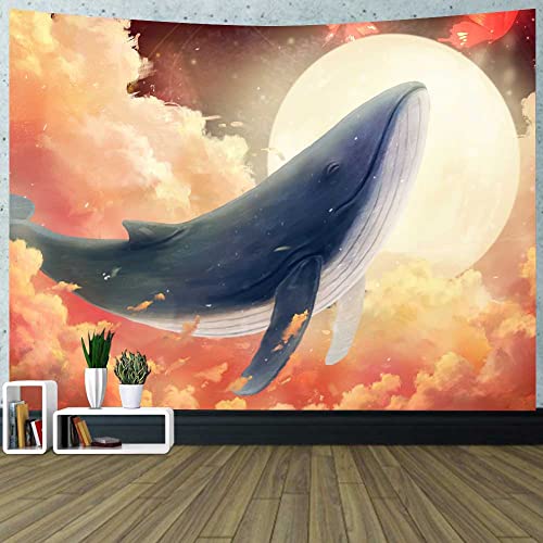 Tapisserie Clair De Lune Dauphin Conte De Fées Baleine Bleue Volant Dans Le Ciel Autour De Nuage Magique Espace Océan Animal Tenture Murale Personnalisée Tapisserie Murale Pour Room 73x95cm