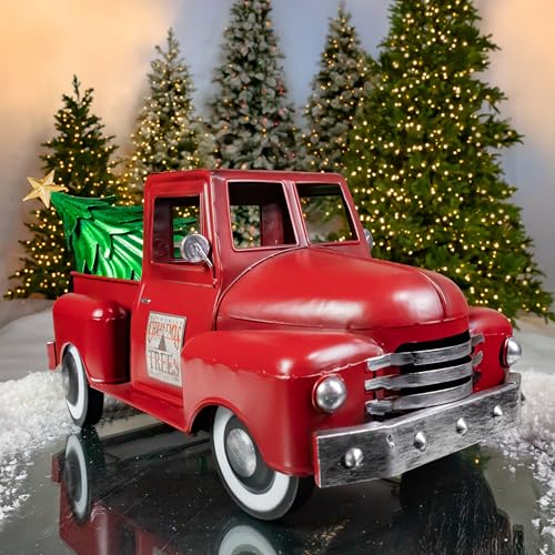Image of Zaer Ltd. Metal 18.5 inch Long Multi-Seasonal Christmas and Harvest Pickup Truck with Metal Tree, Pumpkins, and Matching Side-Magnet Sets (Antique Red)