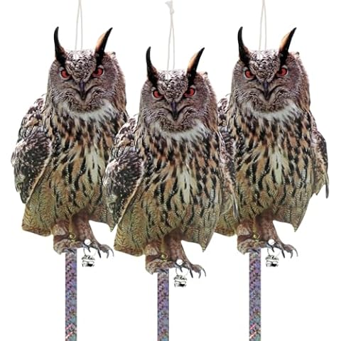 Kungfu Mall Owl to Scare Birds Away, 3Pcs Bird Scare Reflective Hanging Decoration for Garden Patio, Effective Plastic Owl Bird Deterrents to Scare Birds Away for Windows Tree Cover