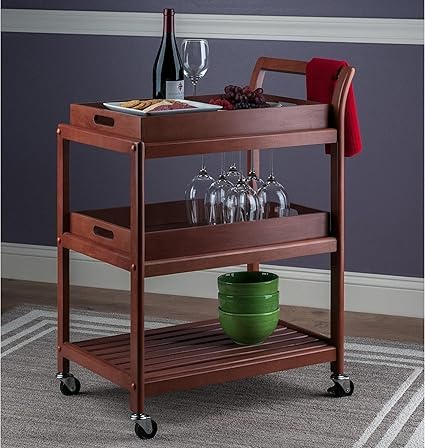 Semanion Craft 3-Tier Solid Wood Rolling Bar Cart Wine Serving Cart, Wheels,Utility Cart, Kitchen Storage Cart, Seasoning Rack on Wheel,for Dining Room Wine Serving Trolley (3 Tier, Brown Finish)