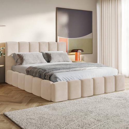 MOTIVENA Nunu Cadre de Lit Bubble 140x200, avec Sommier sans Matelas, avec Rangement, Capitonné, Rembourré, sans Pieds, Velours, avec Tête de Lit Coffre...