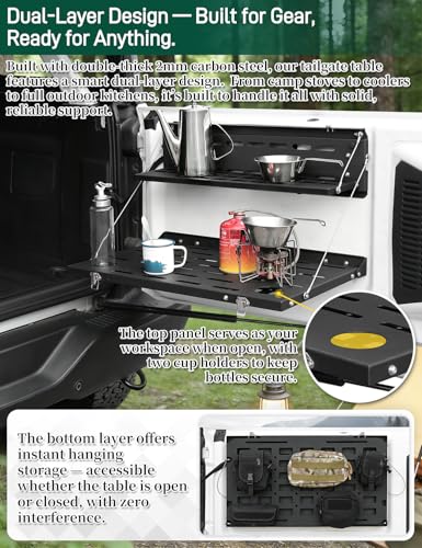 Image of JROAD Bronco Double Layer Tailgate Table for 2021 2022 2023 2024 2025 2026 Ford Bronco 2 /4 Door Rear Foldable Cargo Shelf Storage Shelf MOLLE Panel Bronco Accessories