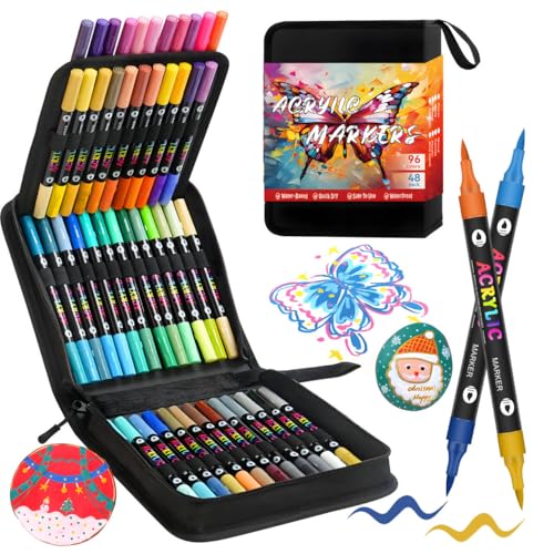 Laconile 48 Colores Marcadores Acrílicos, Doble Punta, Rotuladores Permanentes a Base de Agua, Secado Rápido, para Cerámica， Madera, Tela, Lienzo y Metal, con Bolso de Lona | Acrylic Paint Markers