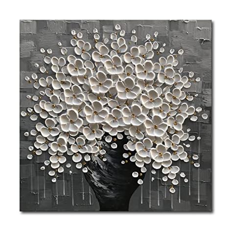 Diathou Hand Painted 3D Flower Painting White Flower in Black Vase 24x24inch Abstract Canvas Wall Art for Living Room Bedroom Ready to Hang Cover