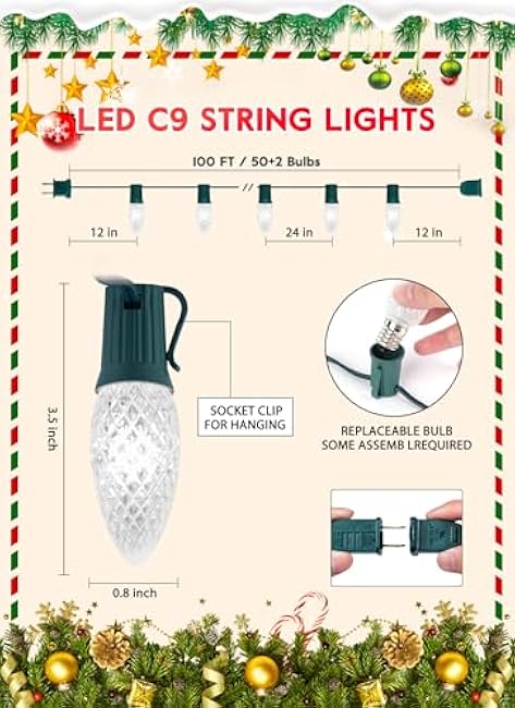 Brightown Outdoor Christmas Lights, 100 Ft C9 LED Commercial String Lights with Pure White Strawberry C9 Bulbs, Waterproof Connectable UL Certified C9 Lights for Indoor Yard Xmas Tree House Decor