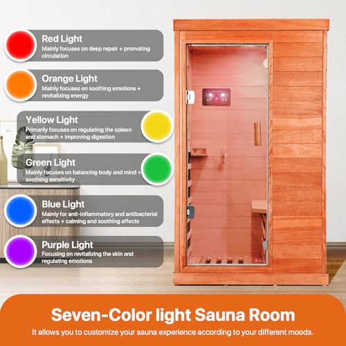 Image of OUTEXER Far Infrared Sauna Home Sauna Spa Room Low-EMF Wood 1200W Indoor Saunas with 7 Color Light Tempered Glass Door, Room:35.2 * 27.6 * 61.6Inch