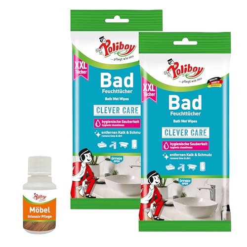 POLIBOY Toallitas húmedas XXL para baño – Toallitas húmedas como práctico limpiador de baño – 2 x 24 toallitas – con muestra de producto – Fabricado en Alemania
