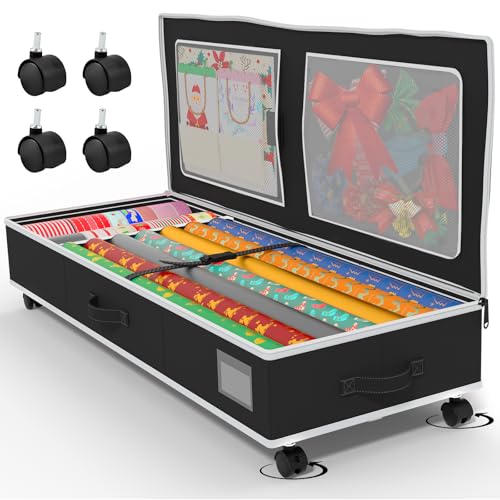 GoMaihe-Wrapping-Paper-Storage-with-Wheels-Fits-41-Under-bed-Gift-Wrap-Organizer-Container-for-Christmas-Ribbon-Accessories-Pockets-Adjustable-Dividers-Easy-Pull-out-Heavy-duty-Black GoMaihe Wrapping Paper Storage with Wheels: Fits 41" Under-bed Gift Wrap Organizer & Container for Christmas Ribbon Accessories | Pockets & Adjustable Dividers | Easy Pull-out | Heavy-duty | Black - Image 1