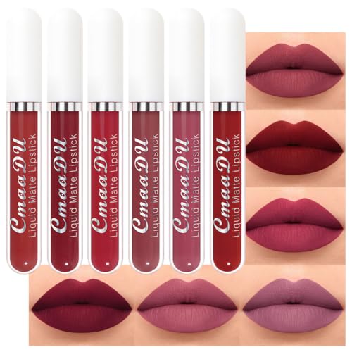 Image of evpct 6Pcs Lipstick Matte Liquid Lipstick Lipgloss Set for Women, Dark Plum Wine Rose Mauve Red Nude Pink labiales mate 24 horas originales matte larga duracion 24 Hour Lipstick A-02