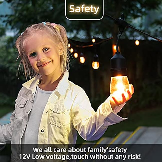 GANA 12V Low Voltage & Safe LED Outdoor String Lights,48FT 15 Shatterproof Bulbs, 2200K Warm White Pergola Lights for Your House's, Garden, Fence, Porch,Balcony,and Bistro