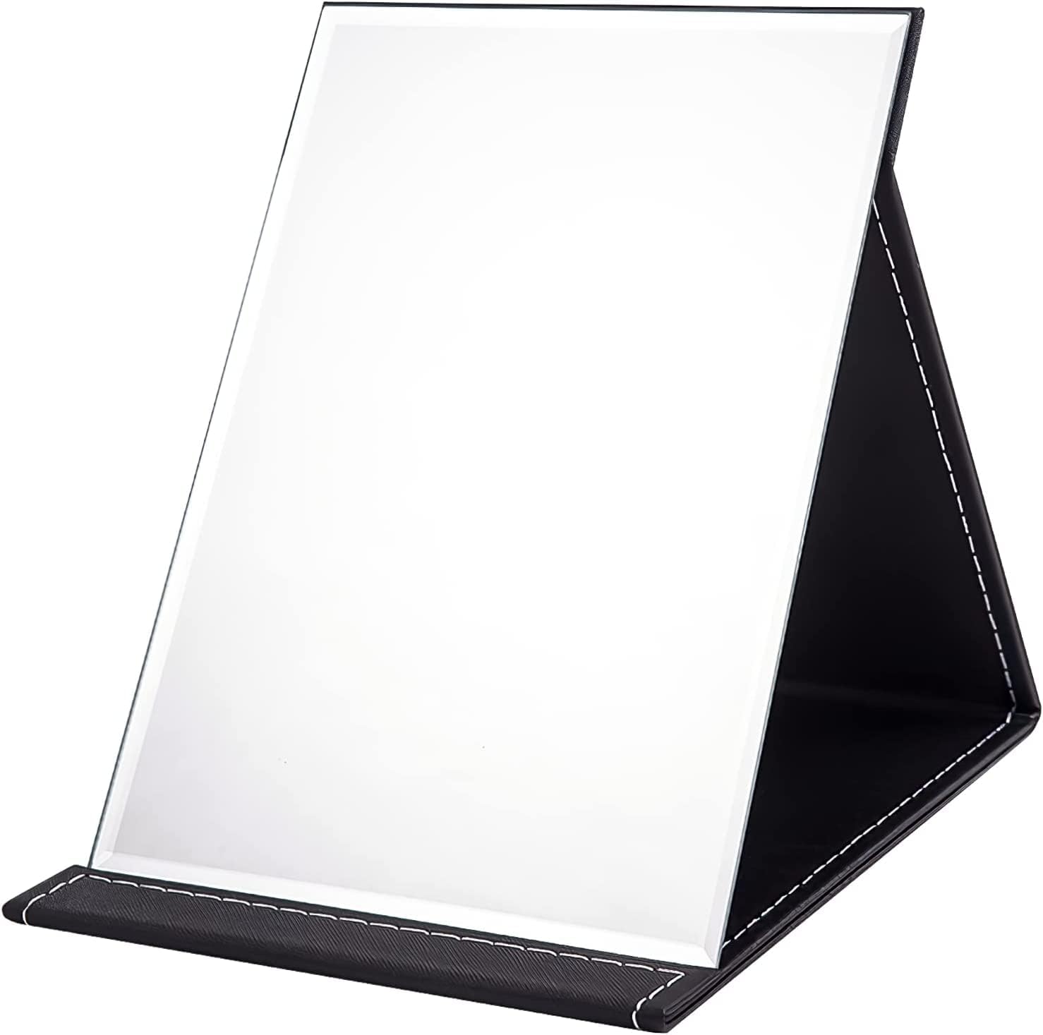 Lellow Portable Folding Makeup Mirror, Frameless PU Leather Vanity Mirror with Stand for Desk Table Camping Travel Personal (Black-Pack of 1, Rectangular, Unframed, Tabletop Mount)