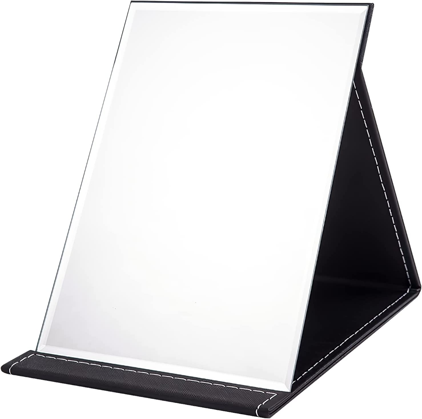 Lellow Portable Folding Makeup Mirror, Frameless PU Leather Vanity Mirror with Stand for Desk Table Camping Travel Personal (Black-Pack of 1, Rectangular, Unframed, Tabletop Mount)