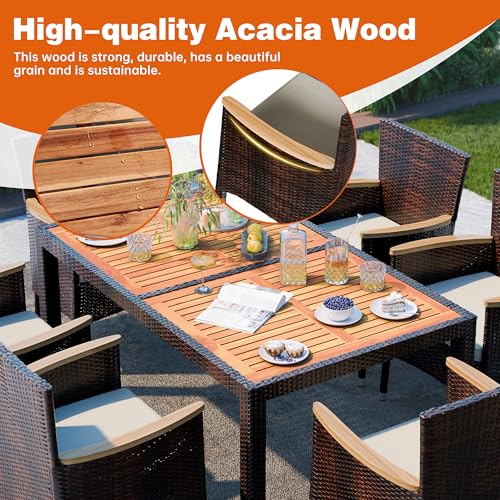 Image of Shintenchi 7 PCS Patio Dining Set, Wicker Patio Conversation Set with Wooden Table Top, Outdoor Table and Chairs with Soft Cushions for Backyard, Deck and Garden, Brown Wicker