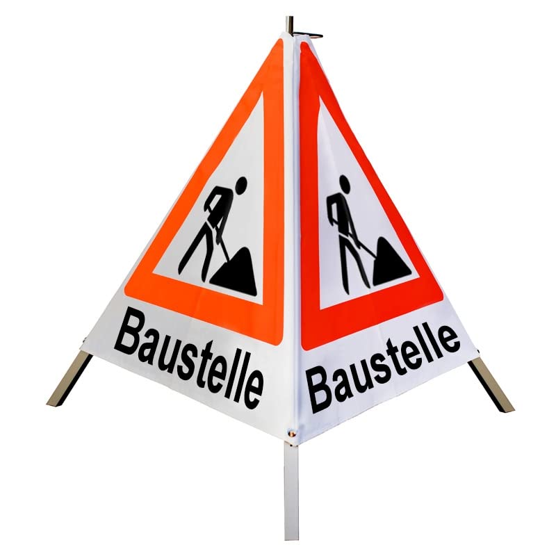 Warnpyramide/Faltsignal - Baustelle - VZ123-Schaufelmann (1 - tagesleuchtend weiß, 70 cm leicht mit Mittelfuß)