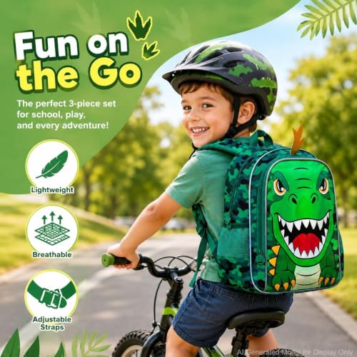 Image of 16 inch Dinosaur Backpack for Boys, 3Pcs Dino Kids Bookbag with Lunch Box, School Backpacks for Elementary Preschool Kindergarten (Green)
