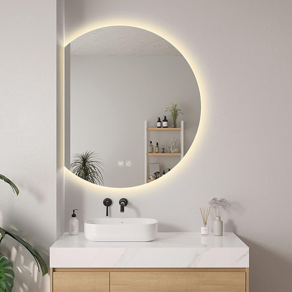 Półokrągłe lustro łazienkowe z podświetleniem LED, 80 cm lustro kosmetyczne z przeciwmgielnym i przełącznikiem dotykowym, 3-kolorowe oświetlenie, dekoracyjny półksiężyc