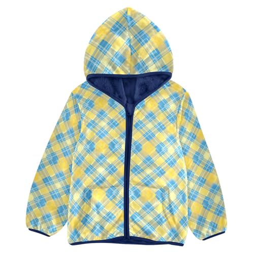 Yellow Blue Buffalo Plaid Boys Fleece Coat,Children's Zip-Up Hoodie Jacket,Baby Warm Fashion Outerwear 3-10T,A113361