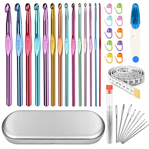 Aeelike 14 Stück Aluminium Häkelnadel Set, Ergonomische Bunt Häkelnadeln Set mit Häkel Werkzeuge Zubehör und Silber Metall Aufbewahrungsbox, Praktische Crochet Hook für Anfänger, Erwachsene, Kinder