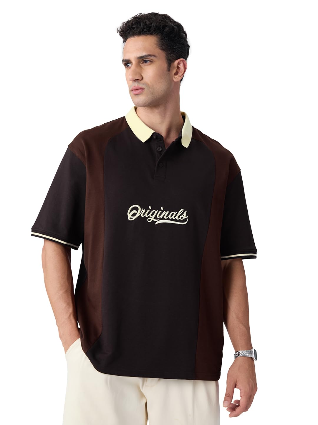 Originals: Dark Brown Men and Boys Short Sleeves Polo Collar Cream Colour Block Cotton Oversized T-Shirts