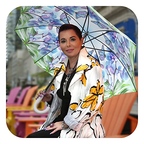 Butterfly Umbrella Blue Design - Stick Designer Umbrella For Women - Extra Large Umbrella Windproof - Colorful Rain Umbrella With Hook Handle - Quality Fashion Umbrella Durable For Wind By Lb #TOP4