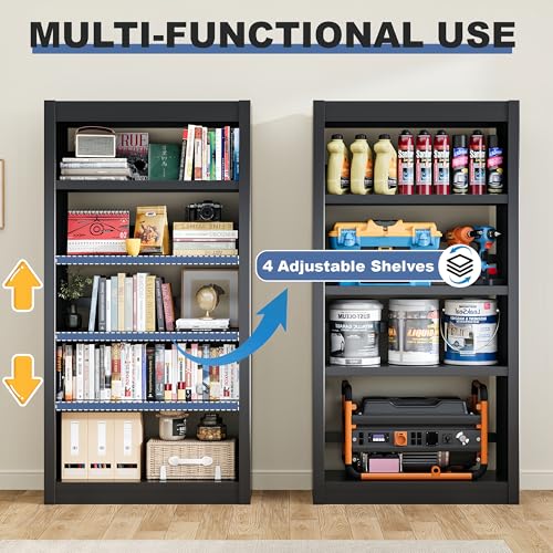 Image of 61 inch Metal Bookshelf, Small 5 Shelf Bookcase, 5-Tier, Black | Adjustable Shelves, Heavy-Duty Metal, Modern Style, Anti-Tip Design, Ideal for Living Room, Home Office, Study Room