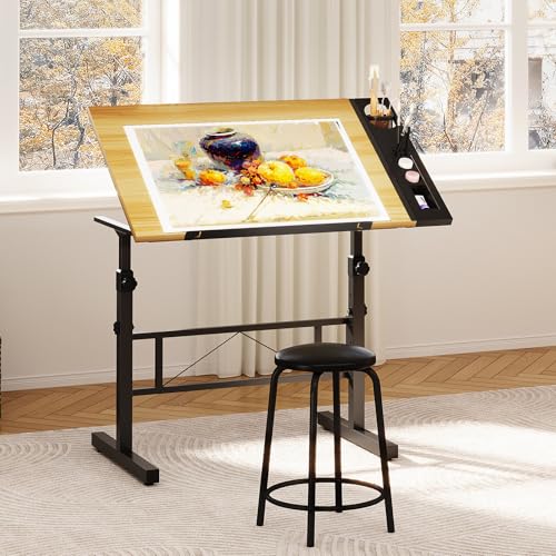 Moziel Mesa de Dibujo con Altura Ajustable, 0-60° Tablero Inclinable, Mesa de Pintura Arquitecto Estudio Dibujo Escritorio para Computadora con Taburete para Oficina Casa (Madera)