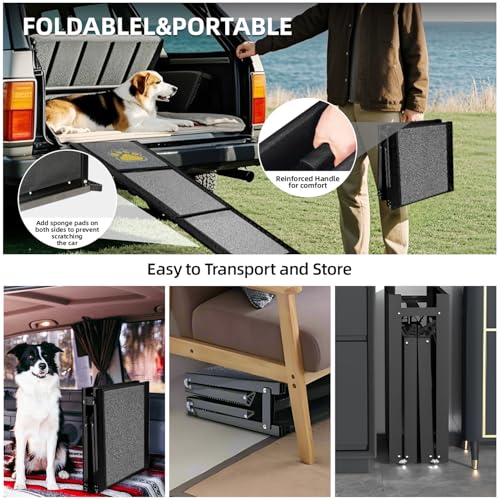 Hunderampe Auto Klappbar Extra Lang 170 cm Hundetreppe Auto mit Rutschfester Teppichoberfläche für Klein Mittel und Große Hunde Tragbare Rampe Hund für Auto SUV LKW Sofa und Bett