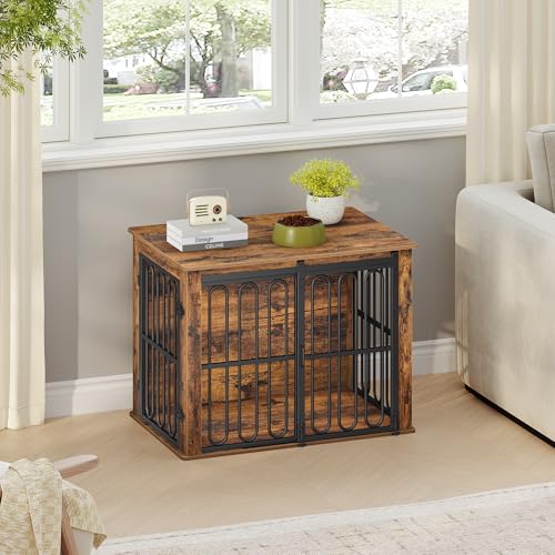 HEXCELEN Hundekäfig-Möbel aus Holz, 81 cm Hundebox für Zuhause, Hundekäfig mit 2 Türen, Schiebetüren, für Kleine, Mittlere Hunde, Robuster, Beistelltisch, 81 × 55 × 62,4 cm, Braun