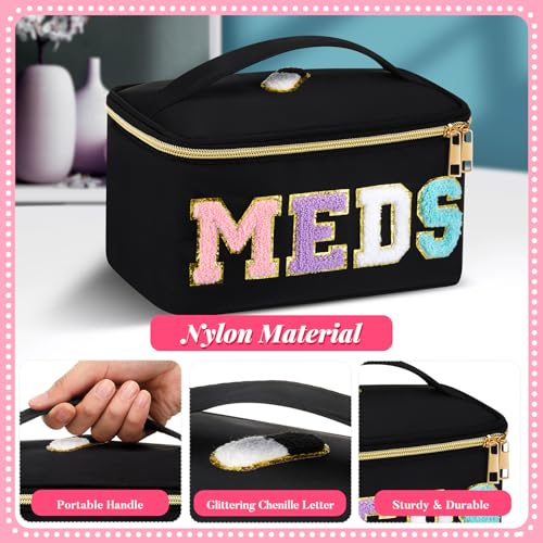 Geetery Clear Makeup Bag Chenille Letter Meds Bag Travel Cases Preppy Patch with Zipper, Portable Cosmetic Toiletry Storage case for Women(Meds,Black)4