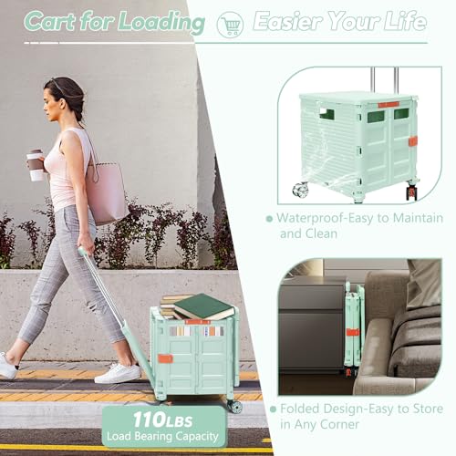 SELORSS BY10WX, Faltbarer Einkaufswagen auf 4 Rädern, 55 l/80 kg, Upgrade-Mobilitätsrollwagen im Flat-Pull-Stil mit verlängertem Deckel, Teleskopgriff, Einkaufswagen für Camping/Lehrer, Grün – Bild 5