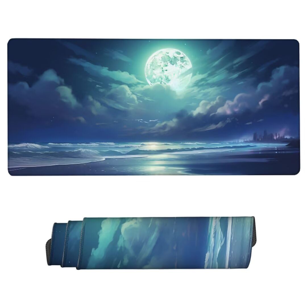 Podkładka pod mysz do gier, 1500 x 800 x 3 mm duża podkładka pod mysz dla graczy Księżyc, podkładka pod mysz morską, szyte krawędzie, antypoślizgowa gumowa podstawa, dekoracja na biurko JH-154