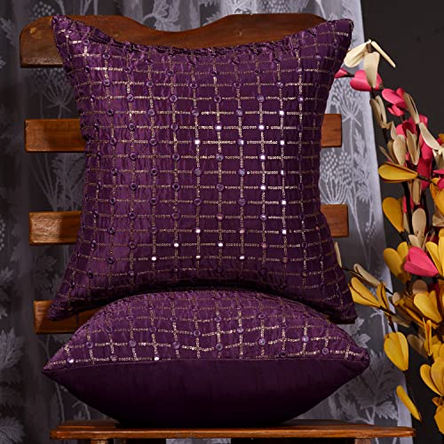 Image of Purple Decorative Cushion Covers 20x20 inches Set of 2, Embroidered Pillow Covers, Sofa Pillowcases with Mirror and Embroidery