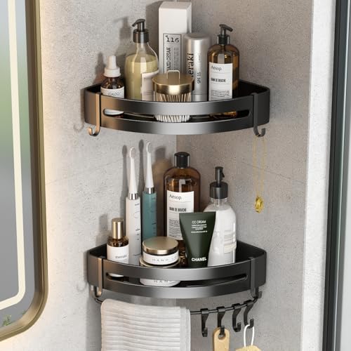 Image of Mustorn Bathroom Organiser Without Drill Wall Mounted Washroom Storage Organizer Adhesive Corner Bath Shelves Gray Bathroom Stand Rack Caddy for Shower Rust-proof with Towel Bar (2-Pack, Triangle)