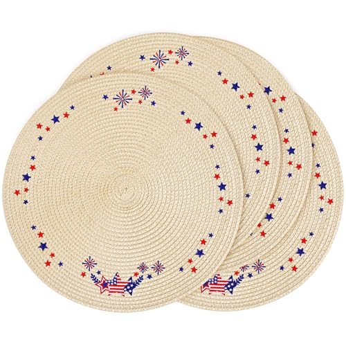 Feuille 4th of July Patriotic Round Placemats Set of 4 - Stars & Stripes Washable Woven Mats for Memorial Day Party Decor -13.5inch