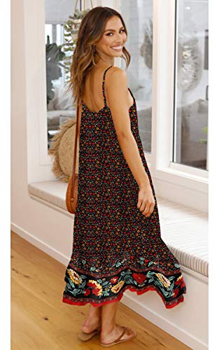 Image of Angashion Women's Dresses Floral Adjustable Spaghetti Strap V Neck Boho Long Maxi Dress Summer Beach Flowy Ethnic Sundress