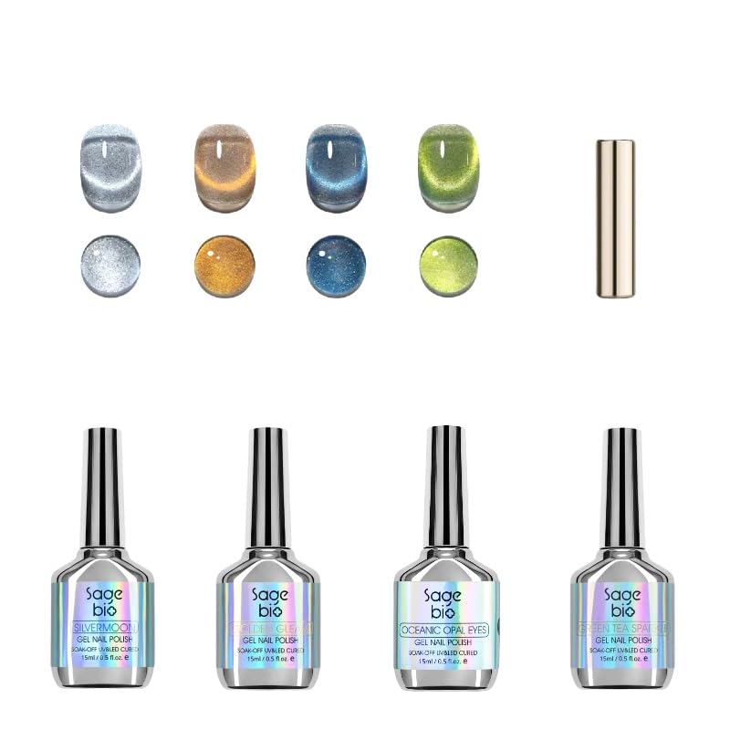 Cat Eye Gel Nail Polish Set with Magnetic Powder, 4 x 15ml Bottles, UV/LED Cured, Long-Lasting 4 Weeks, Stunning Magnetic Effects, DIY Manicure Kit, 06