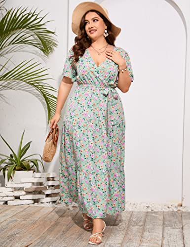 Image of ShopWonder Womens Plus Size V Neck Wrap Maxi Dress High Waist Ruffle Summer Casual Dress with Belt