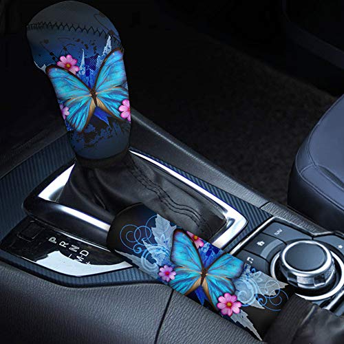 NETILGEN Housse de protection pour frein à main + housse de levier de vitesse de voiture - Housse de protection pour levier de vitesse - Motif papillons et fleurs - Antidérapante et confortable Cover