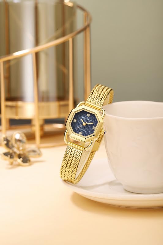 Image of Giordano Analog Quartz Watch for Women with Octagonal Textured Dial, Crystal Hours Markers, Blue Crown and Mesh Metal Strap