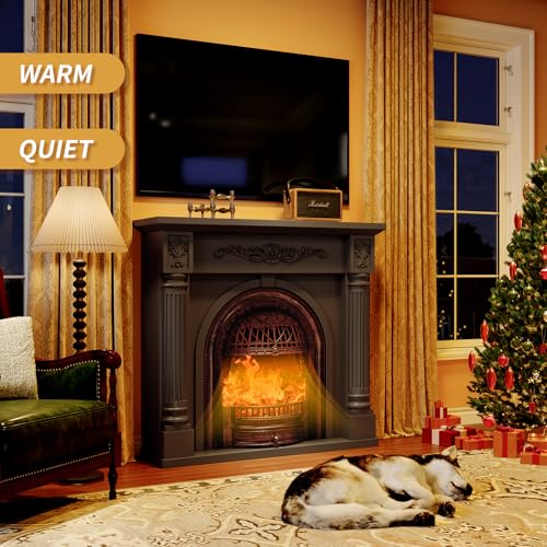 Image of 45 Inch Electric Fireplace with Mantel, Solid Wood Fireplace TV Stand, Roman Column Fireplace Entertainment Center, Electric Fireplace Heater with Bronze Birdcage Insert for Living Room, Black