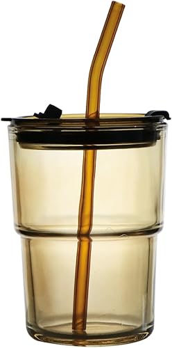 Miniatura 1 de Vasos de vidrio de 15 onzas líquidas con tapas y pajitas, vaso de pared gruesa a prueba de fugas, vasos de café helado reutilizables para bebidas