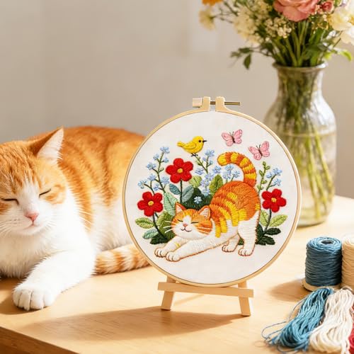 Image of BEUNITONE 6 Set Cat and Flowers Embroidery Kit for Adults Beginners, Pre-Stamped Pattern Needlepoint Kits with Hoop, Tools, Instruction, Hand Embroidery Kits for Gifts, Fabric and Home Decor 7.9x7.9
