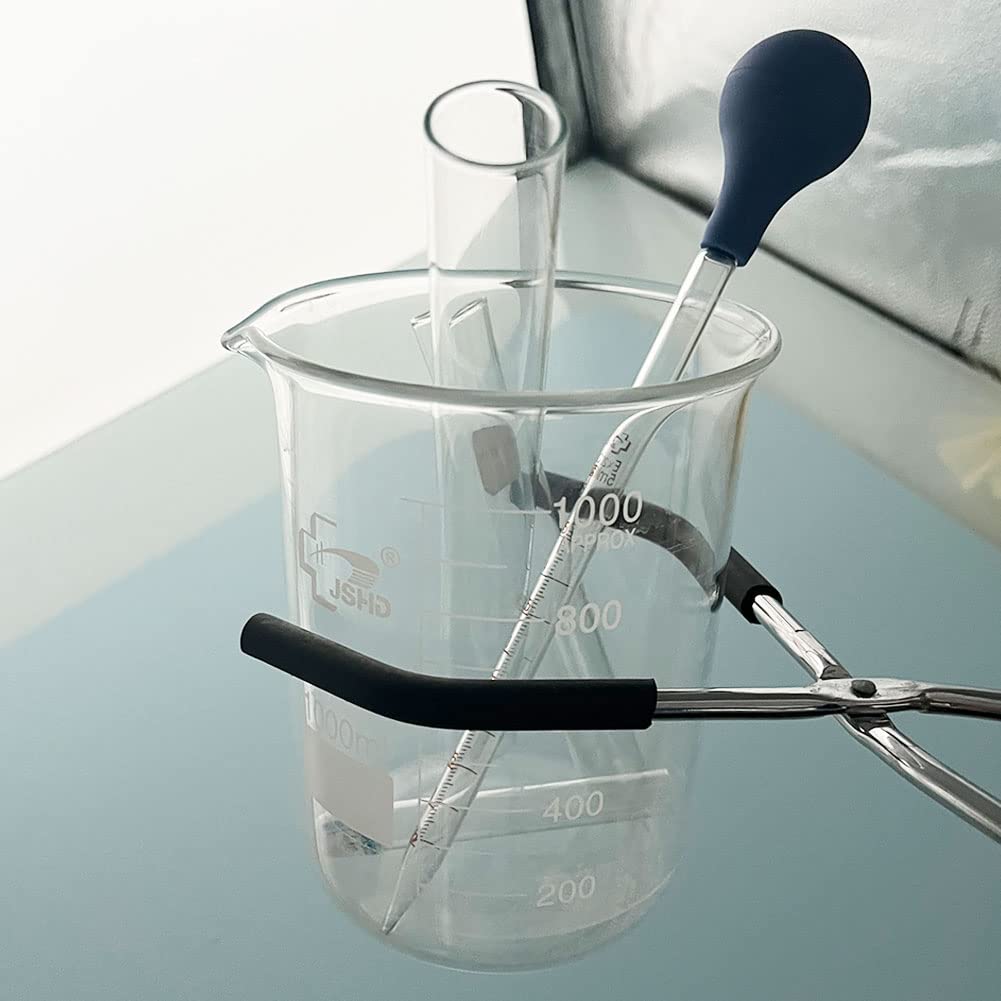 Juego de 6 vasos de medición de vidrio con pinzas de acero cromadas, 50 ml, 100 ml, 250 ml, 500 ml, 1000 ml, vidrio de borosilicato 3.3
