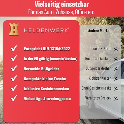 HELDENWERK KFZ Verbandstasche nach aktueller Norm 2026 - Europaweit Nutzbar - Erste Hilfe Set Auto Verbandskasten DIN 13164:2022 (StVO konform)
