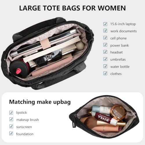 Image of Puffer Tote Bag for Women Quilted Nurse Bag Lightweight Work Bag for Teacher Travel Handbag with Multiple Pockets