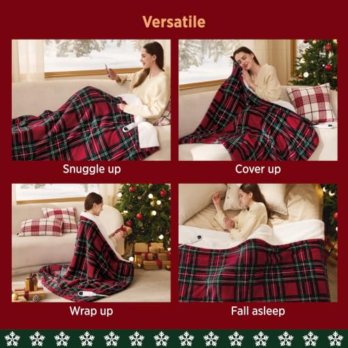 Image of Bedsure Red Plaid Electric Blanket Twin Size, Flannel Sherpa Heated Blanket