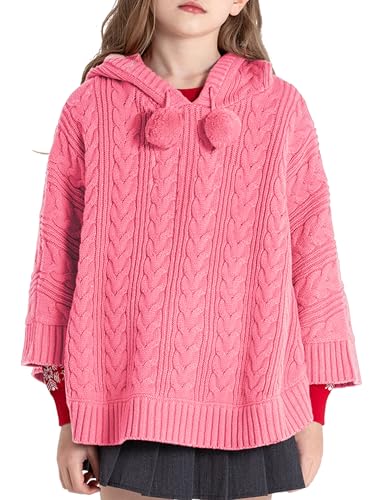 Image of BOBOYOYO Cape for Girls Hooded Cable Knit Poncho Sweaters Kids Shawl
