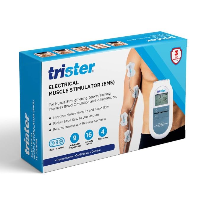 Trister EMS Electrical Muscle Stimulator (TS‑710EMS) 9 Therapy Modes, 16 Intensity Levels, Dual‑Channel Knobs, Pocket‑Sized Design for Muscle Pain & Rehabilitation