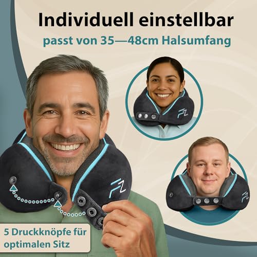 FLOWZOOM Comfy Nackenkissen für Flugzeug & Auto - Einstellbares Memoryschaum Nackenhörnchen mit flexiblen Druckknöpfen für 360° Stütze, atmungsaktiver waschbarer Bezug - inkl. Beutel - Schwarz