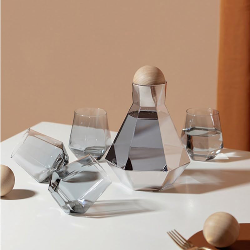 Karaffe 1 Set Luxus-Wasserkocher aus rautenförmigem Glas mit Kugeldeckel aus Naturholz, durchsichtiger Krug for kaltes Wasser, Saft-Getränkekrug, Heimgetränk Wasserkaraffe (Color : Gray Set)